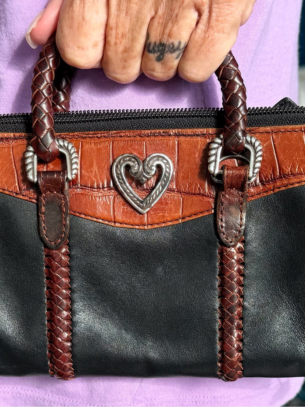 Brighton Black and Brown Leather Satchel with Heart Accent